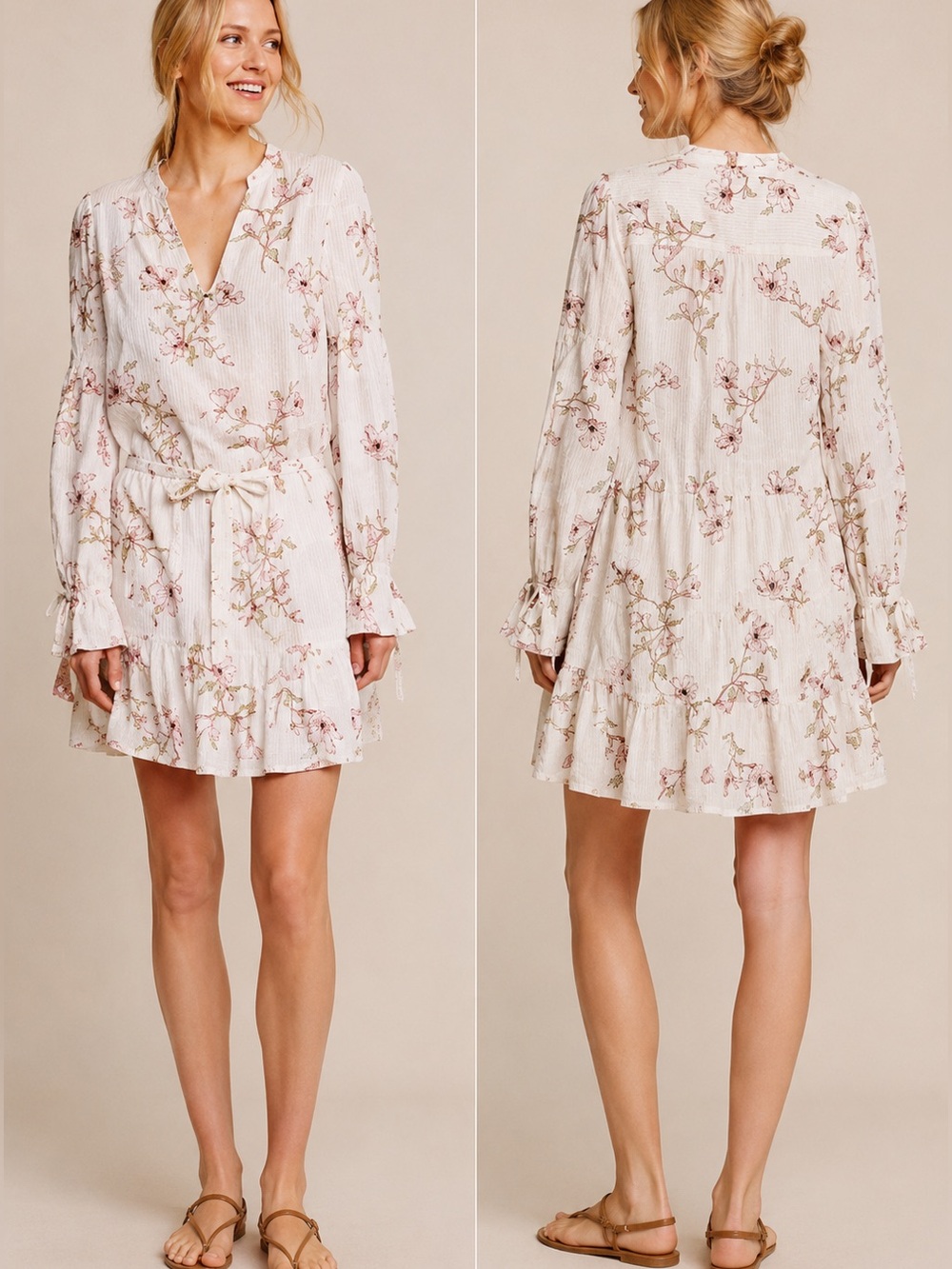 PAIGE Yardley Shadows Floral Mini Dress Long Sleeve Tie Waist XS